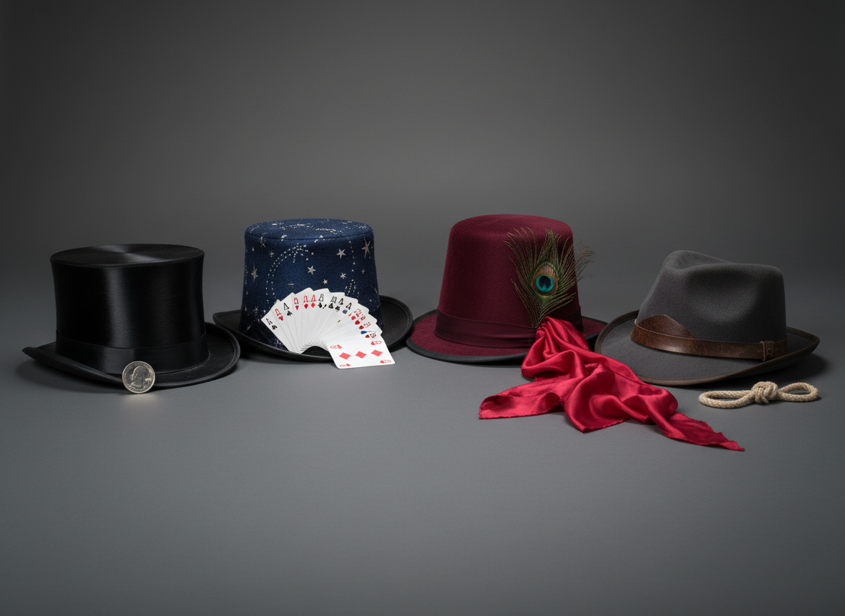 A close-up, photographic portrait-style image of four distinct magician’s hats arranged in a gentle curve on a simple dark-gray studio backdrop, each hat with unique personality details to suggest four different performers without showing people. One hat is classic black with a satin band, another navy with subtle silver stars, a third deep burgundy felt, and a fourth charcoal with a slightly curved brim. Beside each hat lies a different prop: a coin, a card fan, a silk scarf, and a small rope loop. Soft studio lighting from the side creates delicate shadows and highlights textures. Shot at eye level with shallow depth of field, the atmosphere is playful, modern and characterful.